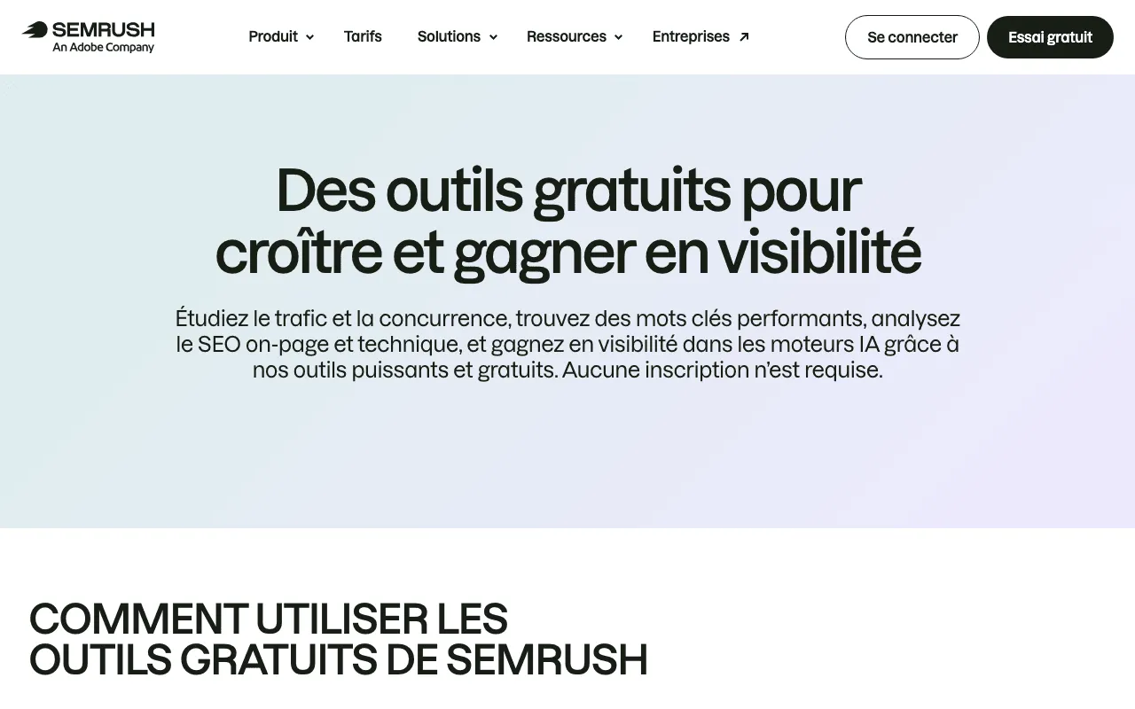 Page des outils gratuits de Semrush, utilisables sans inscription