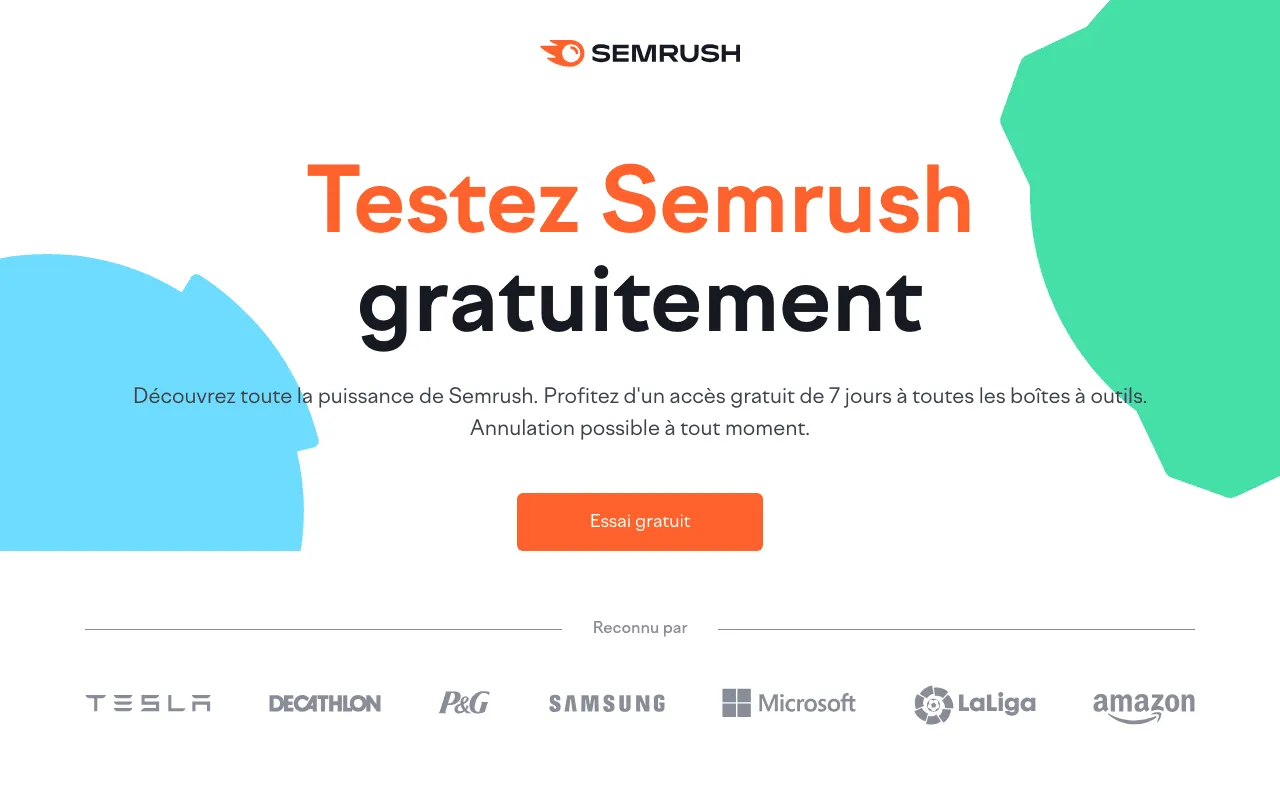 Page française de l’essai gratuit de Semrush, qui annonce 7 jours d’accès