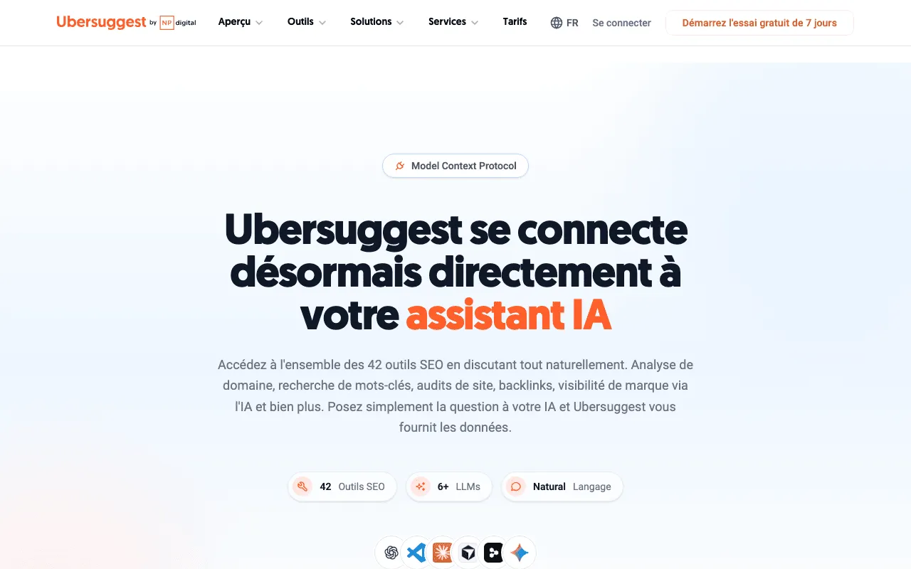 Page du serveur MCP d’Ubersuggest pour brancher un assistant comme ChatGPT ou Claude