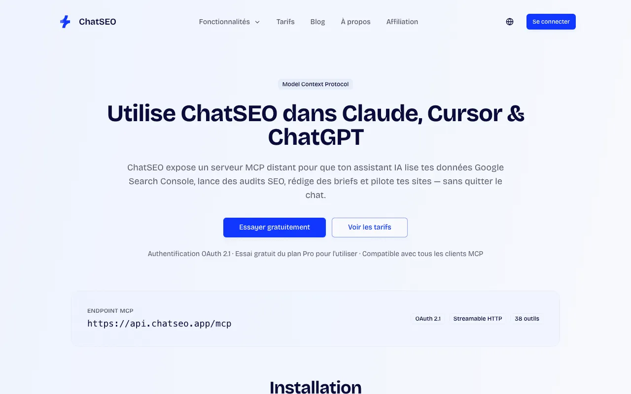 ChatSEO MCP page explaining how to use ChatSEO inside Claude and other tools