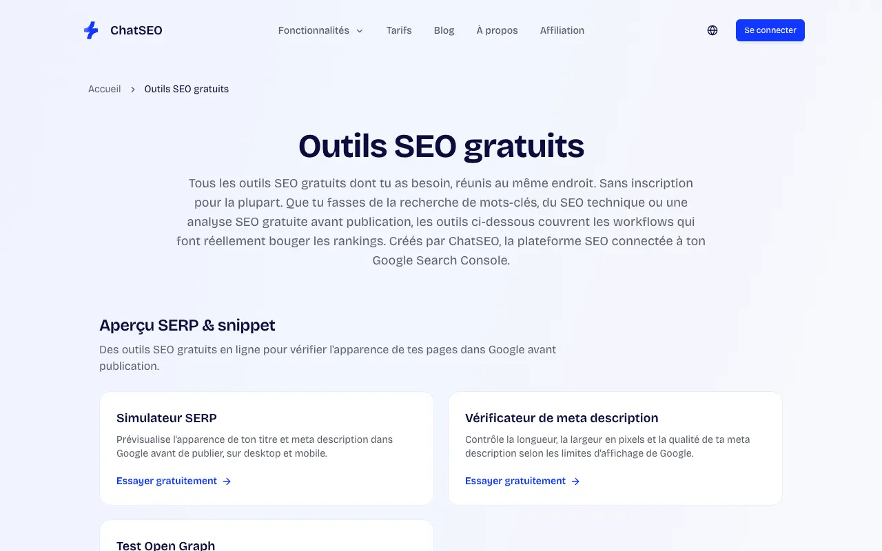 Page des outils SEO gratuits de ChatSEO, avec son simulateur de SERP et ses vérificateurs