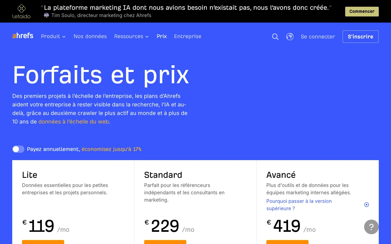 Page des tarifs d'Ahrefs avec ses plans Starter et Lite hors taxes