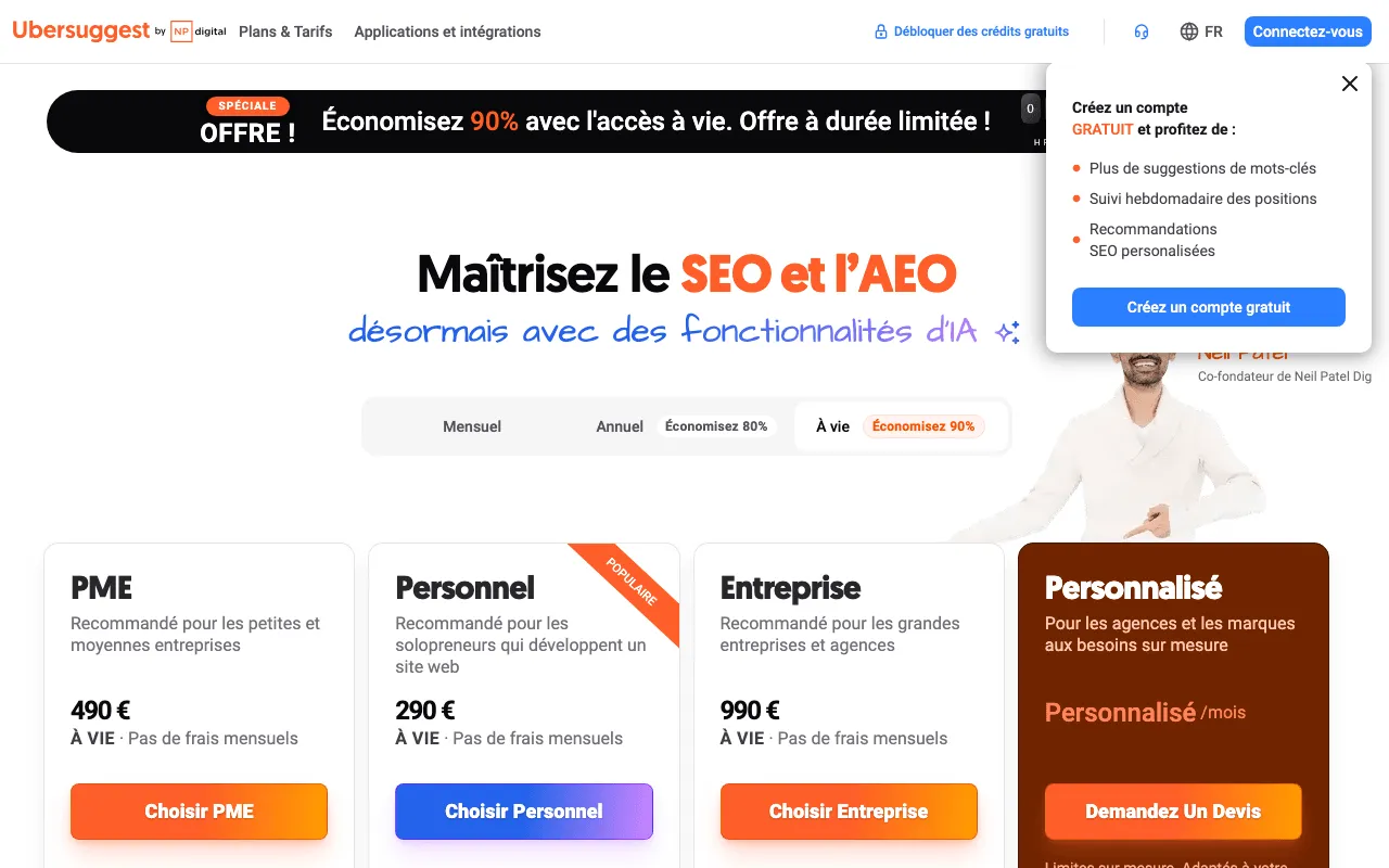 Page des tarifs d'Ubersuggest avec ses plans Individual et Business en euros