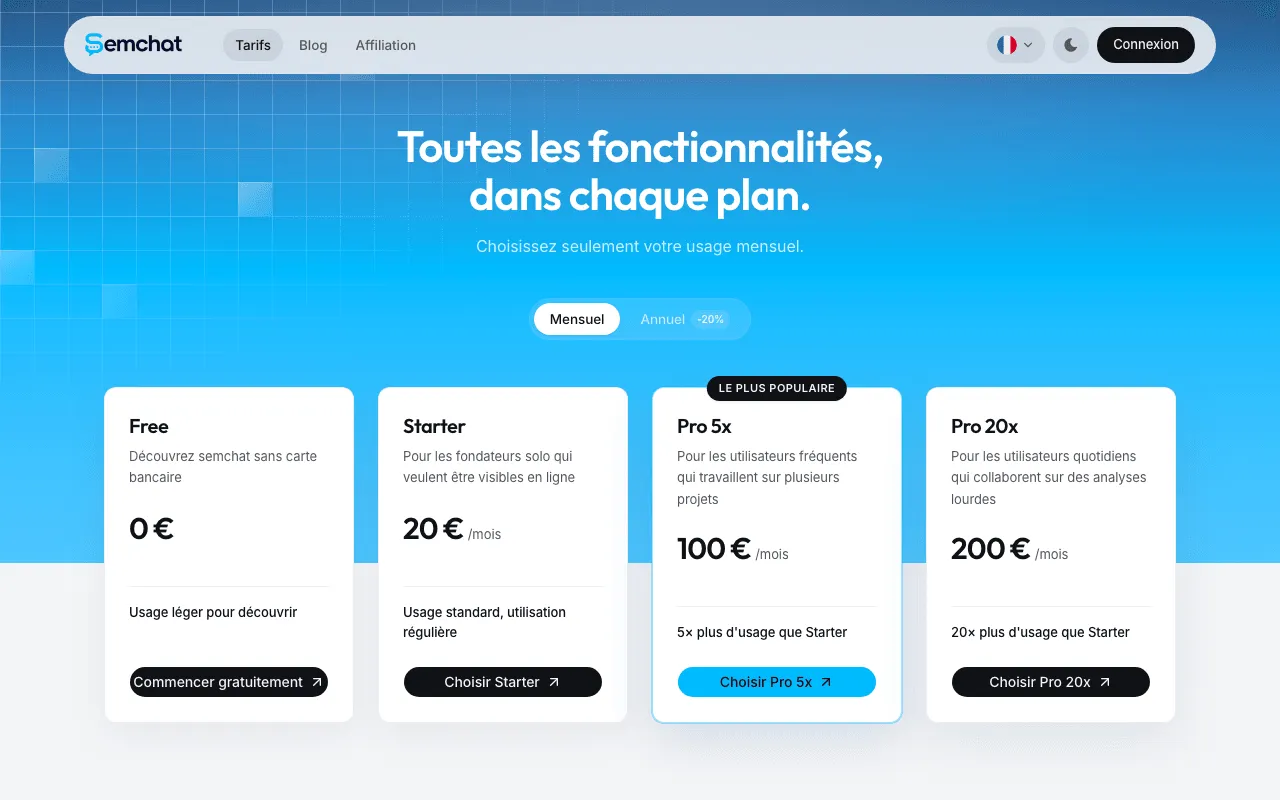 SemChat pricing page with the Free plan at no cost and the paid plans