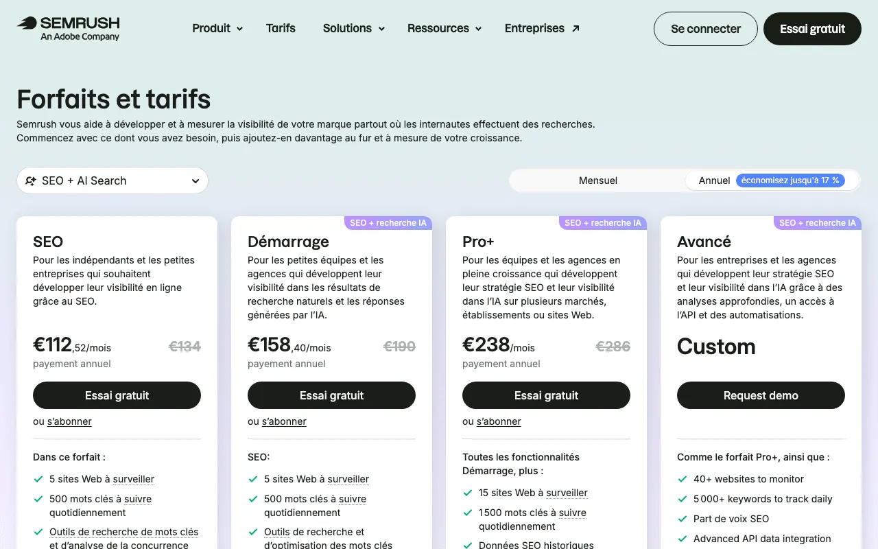 Page des tarifs de Semrush avec ses forfaits SEO et recherche IA en euros