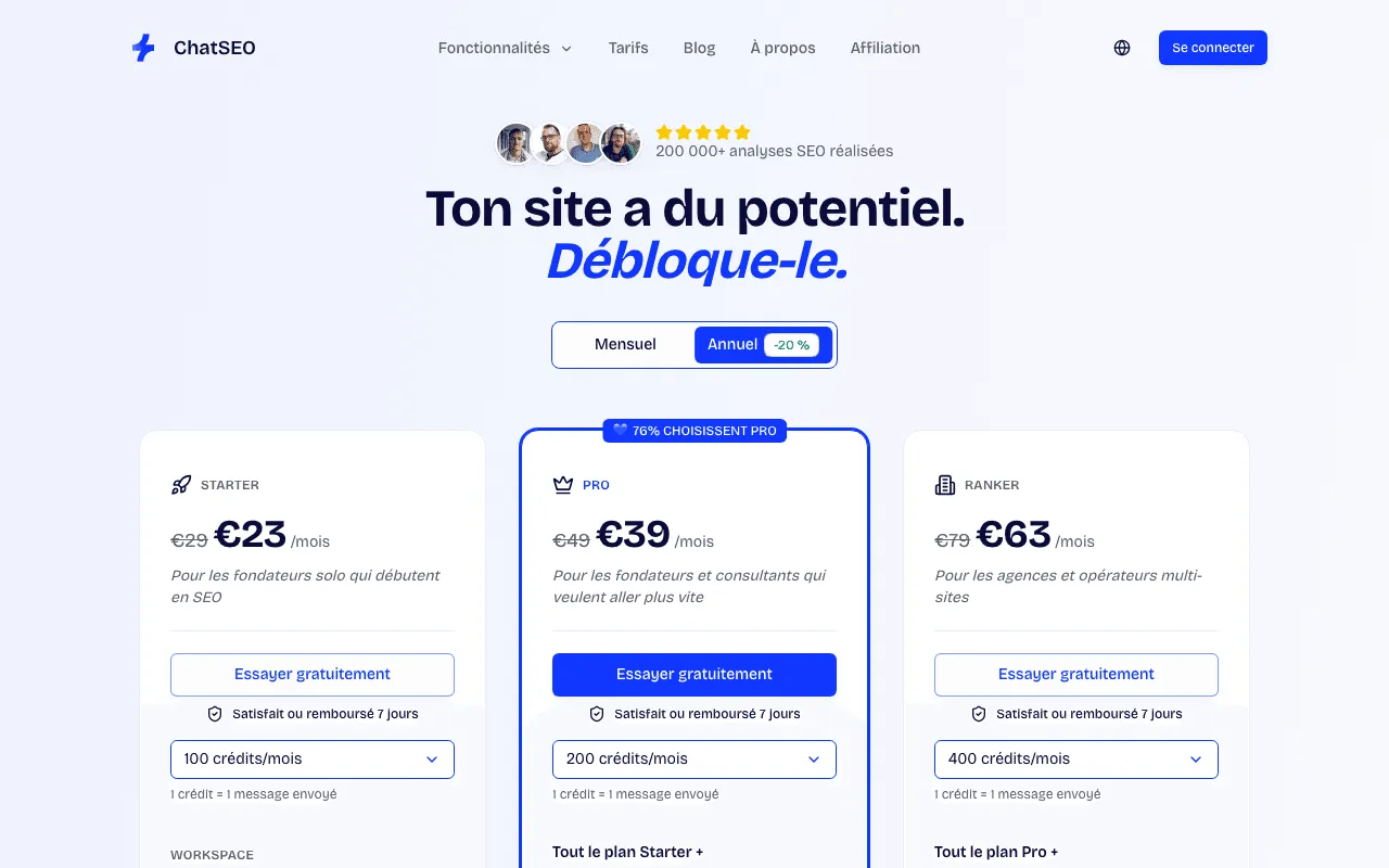 ChatSEO pricing page with the Starter, Pro and Ranker plans and their credits