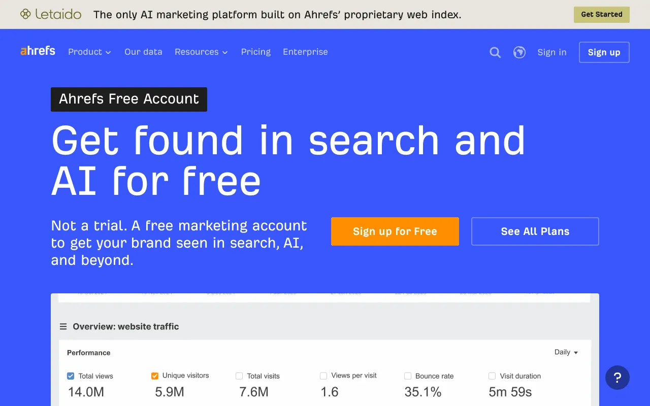 Ahrefs Free page listing the free tools for the sites you own