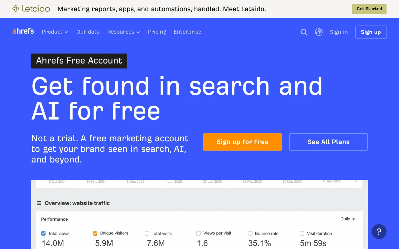 Page de présentation de l’offre gratuite d’Ahrefs, outil d’audit et de suivi des liens