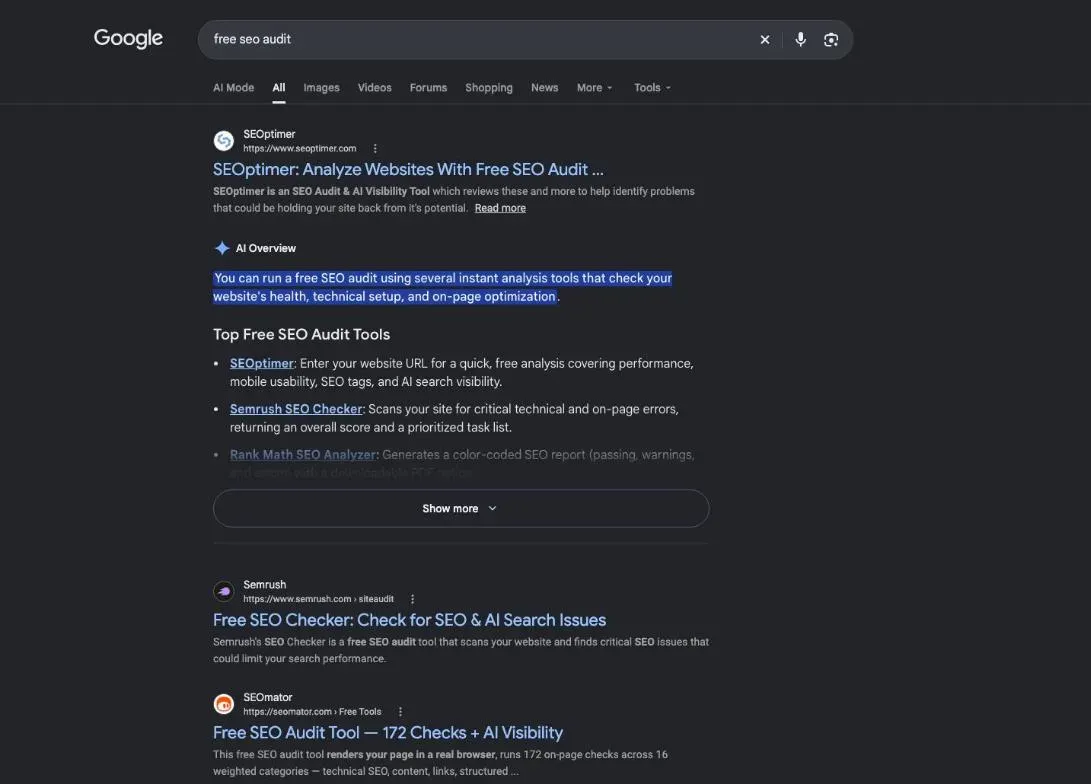 First page of Google results for free seo audit, mostly online audit tools