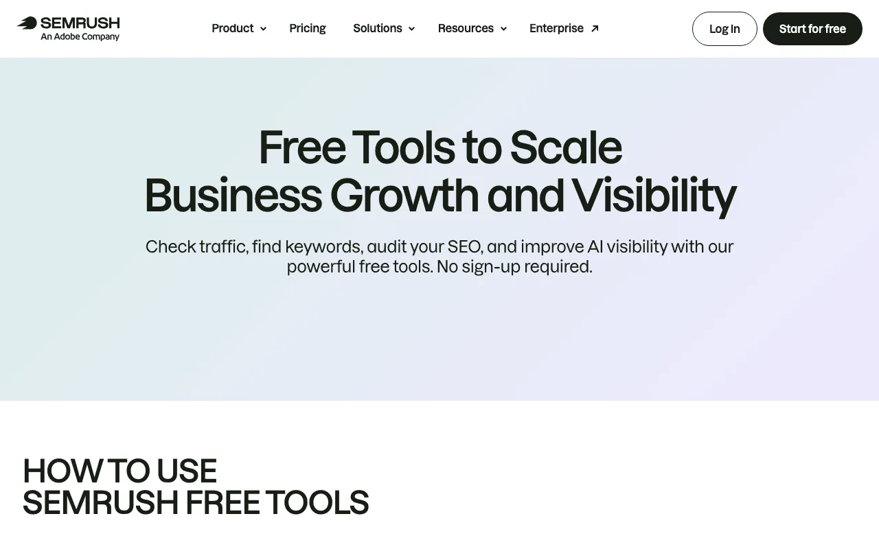 Semrush free tools page, usable without signing up