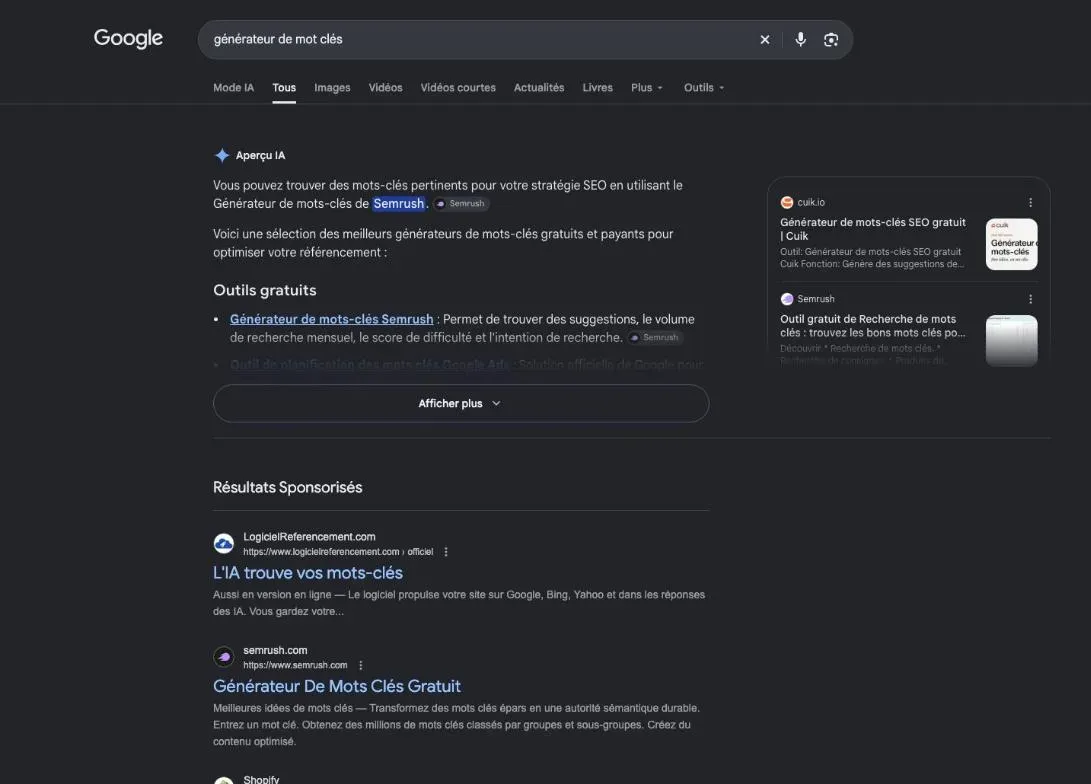 Résultats de Google pour la recherche « générateur de mot clés »