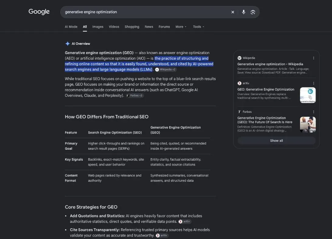Google results for the search "generative engine optimization"