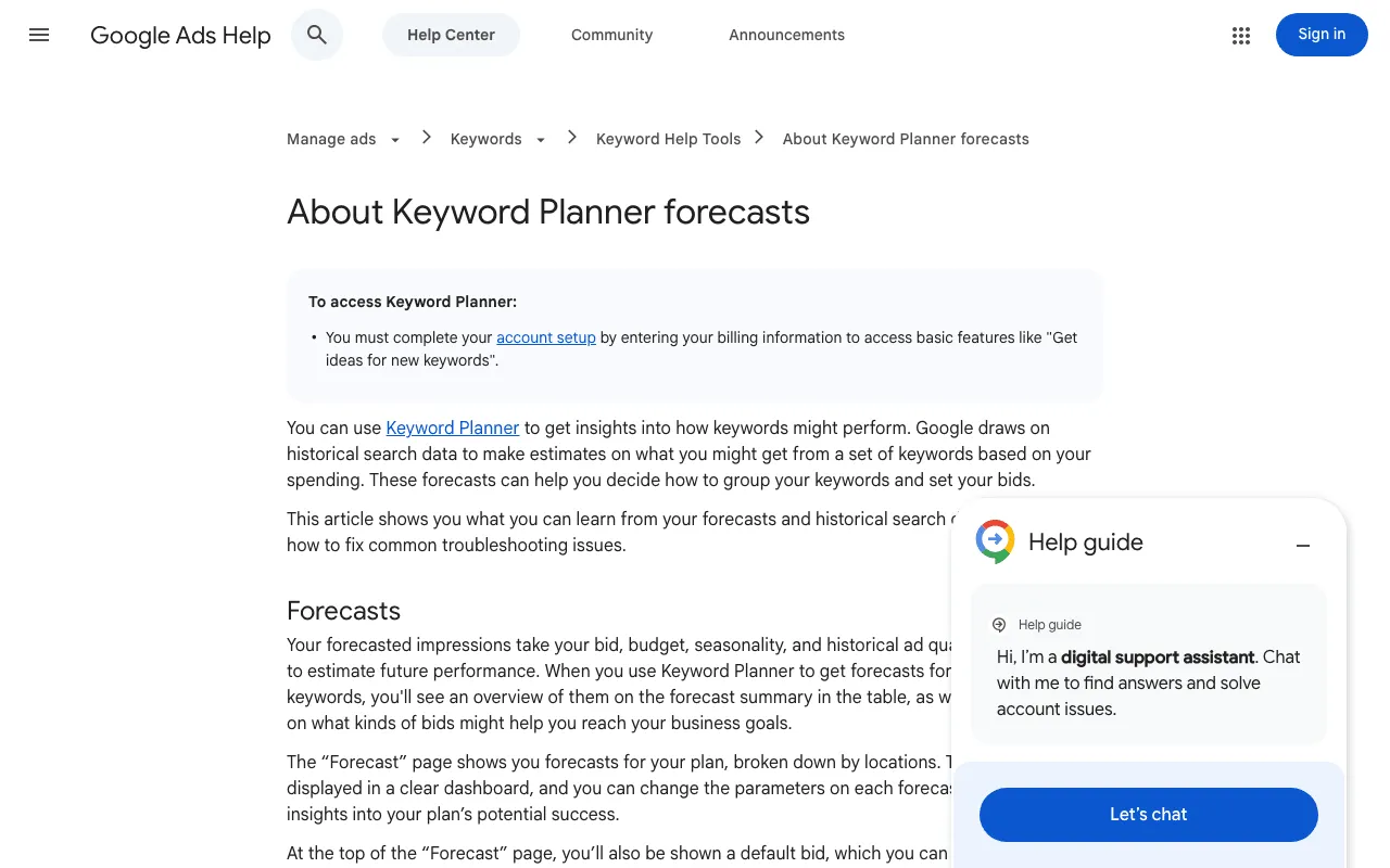 Google Ads help page on Keyword Planner forecasts and its Competition column