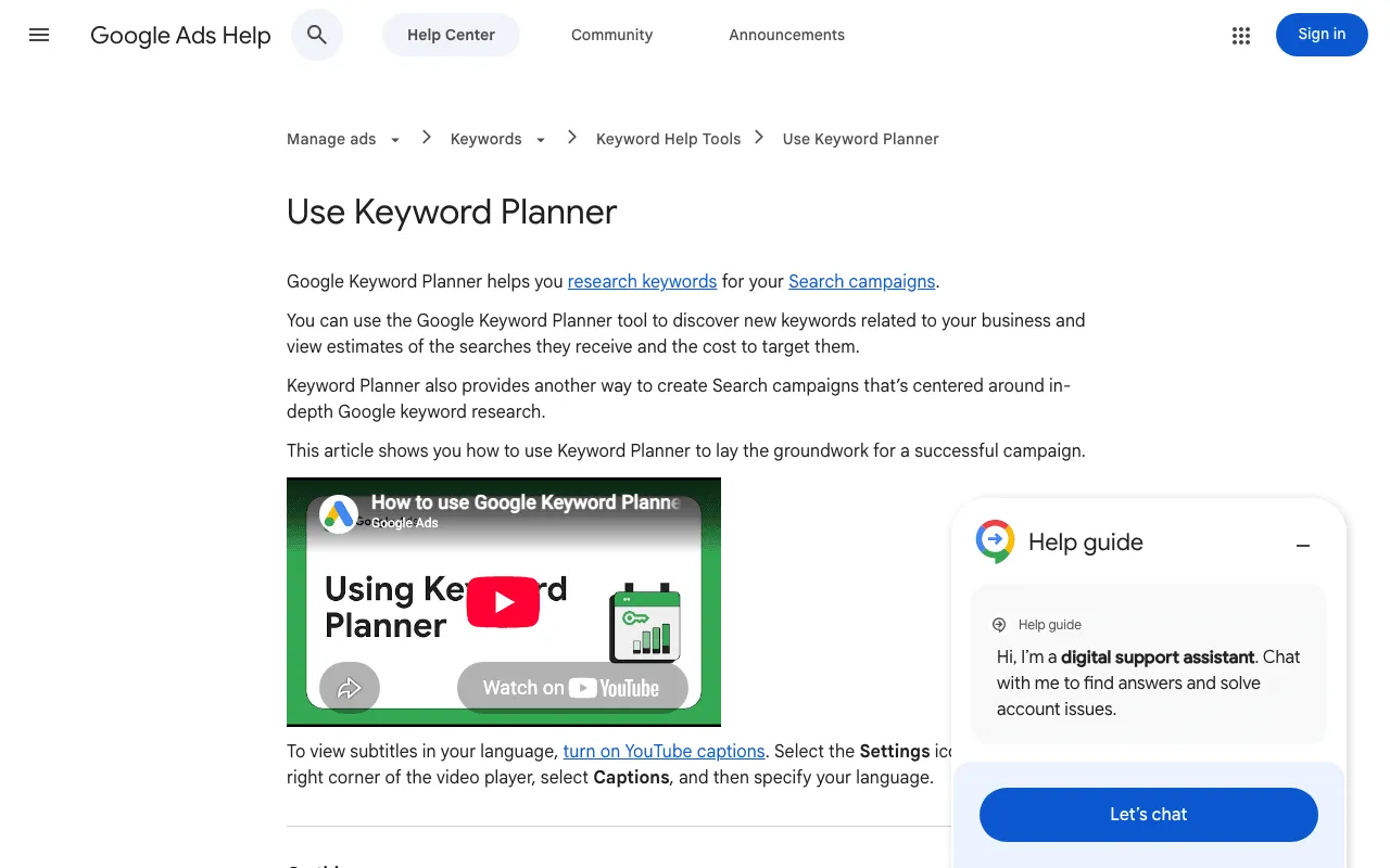 Google Ads help page explaining how to open and use Keyword Planner