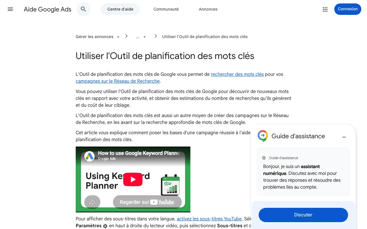 Page d’aide de Google Ads qui explique comment utiliser l’outil de planification des mots-clés