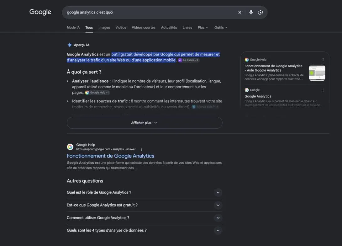Résultats de Google pour la recherche « google analytics c est quoi »