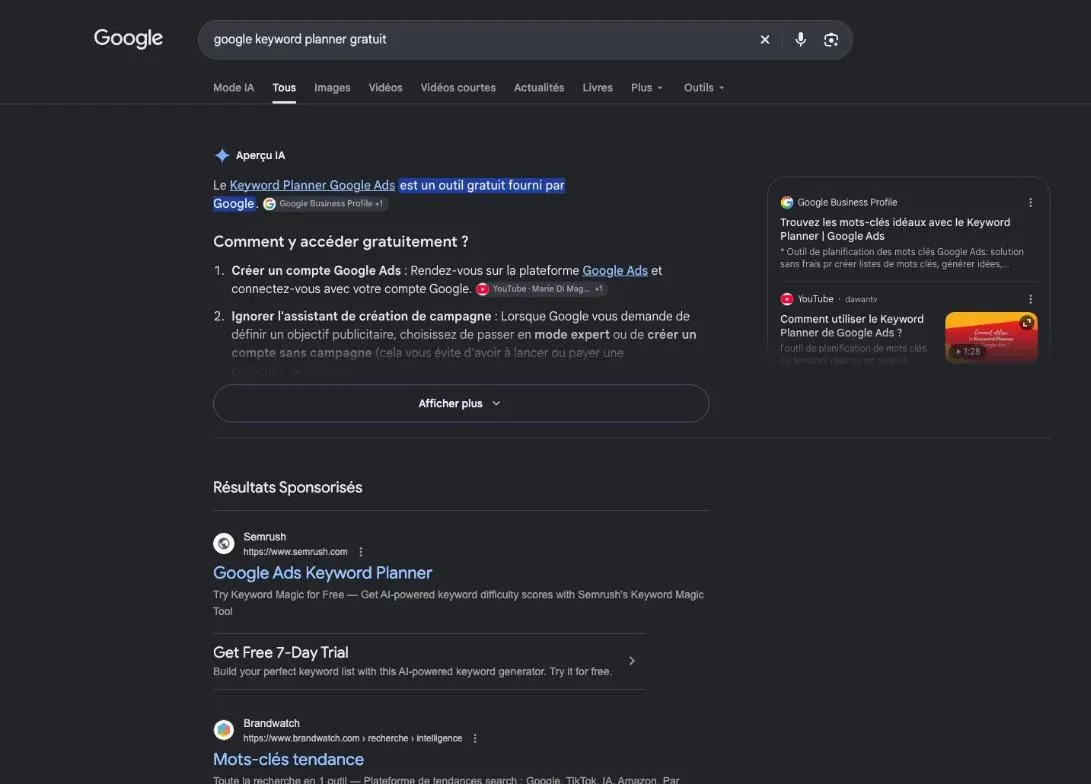 Résultats de Google pour la recherche « google keyword planner gratuit »