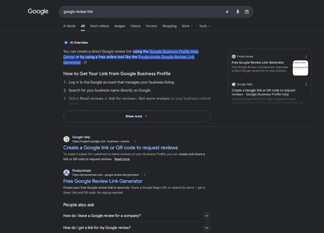 Google results for the search "google review link"