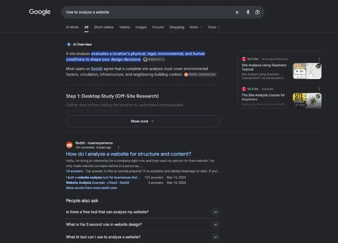 First page of Google results for how to analyze a website, with videos
