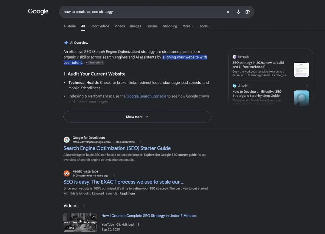 Google results for the search "how to create an seo strategy"