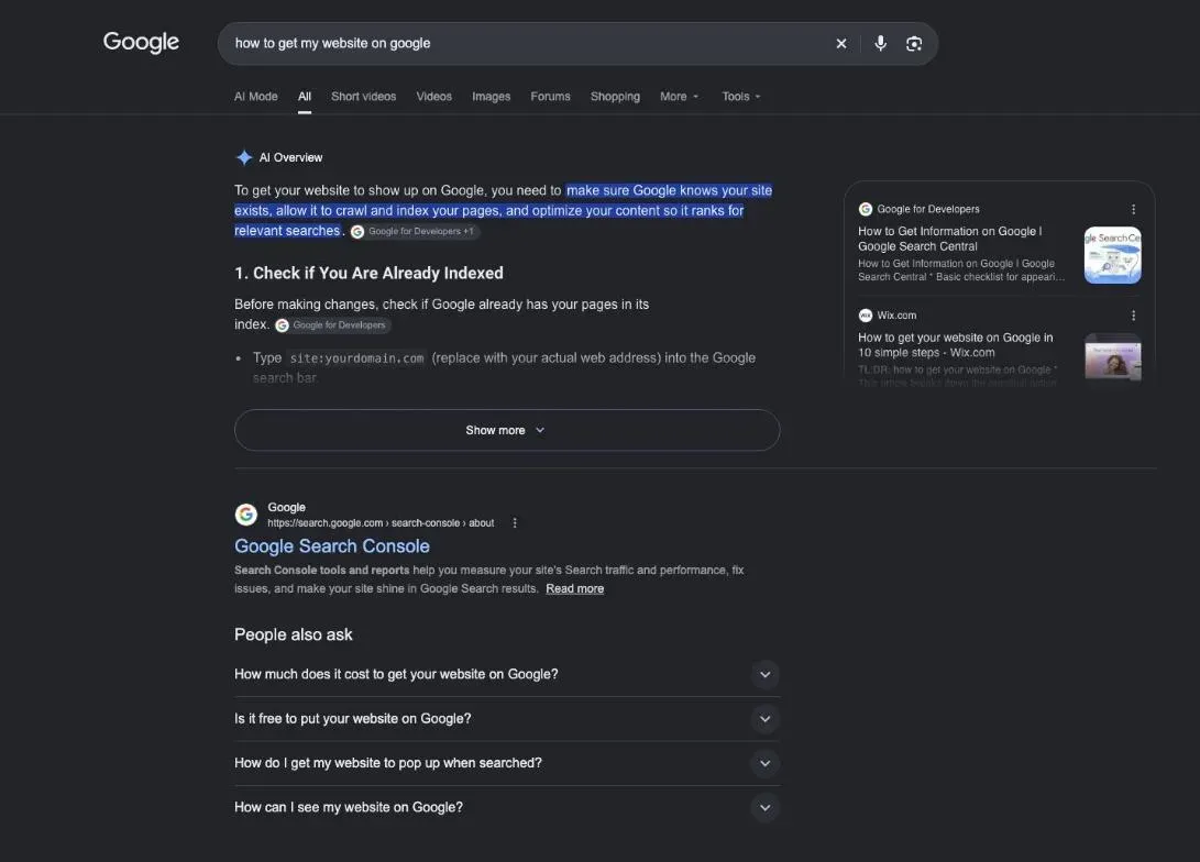 Google results for the search "how to get my website on google"