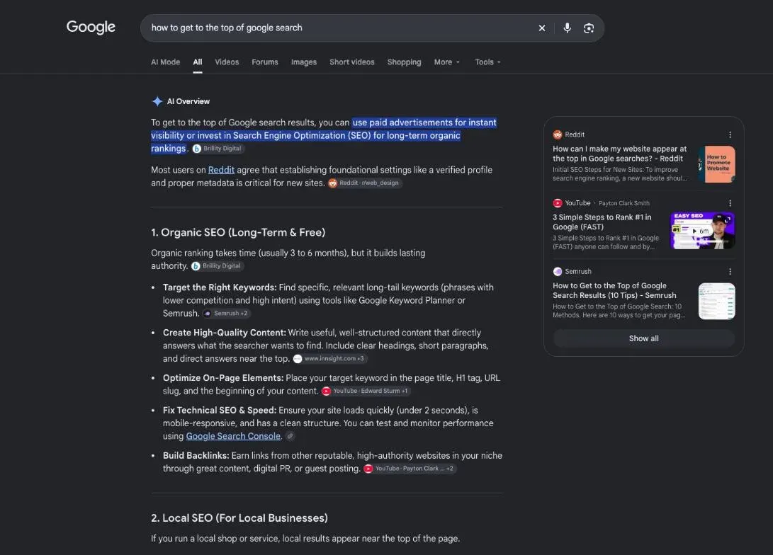 Google results for the search "how to get to the top of google search"