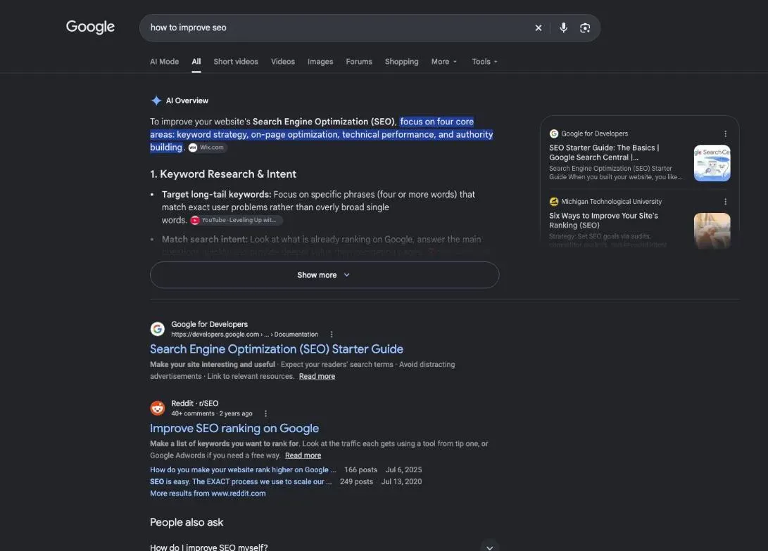 Google results for the search "how to improve seo"