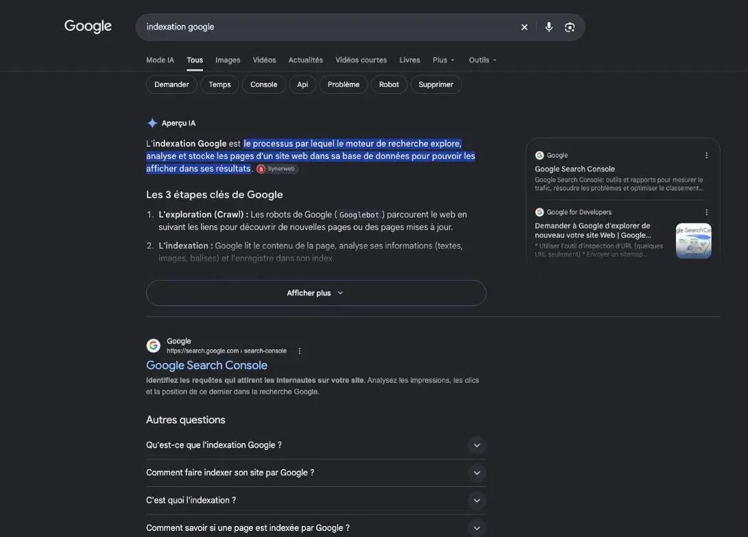 Résultats de Google pour la recherche « indexation google »