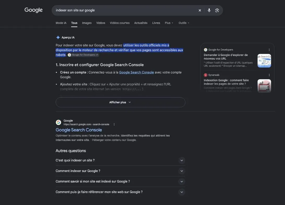 Résultats de Google pour la recherche « indexer son site sur google »