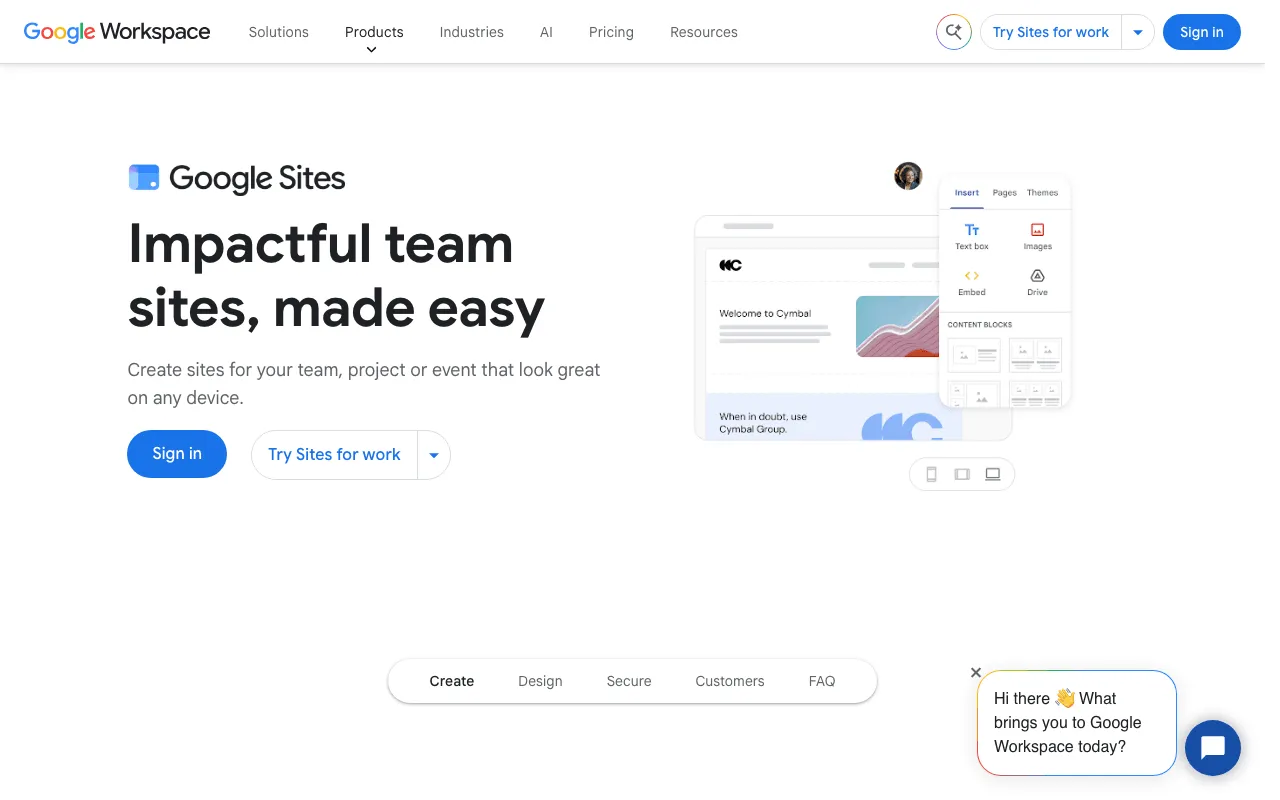 Google Workspace page presenting Google Sites, the free website builder