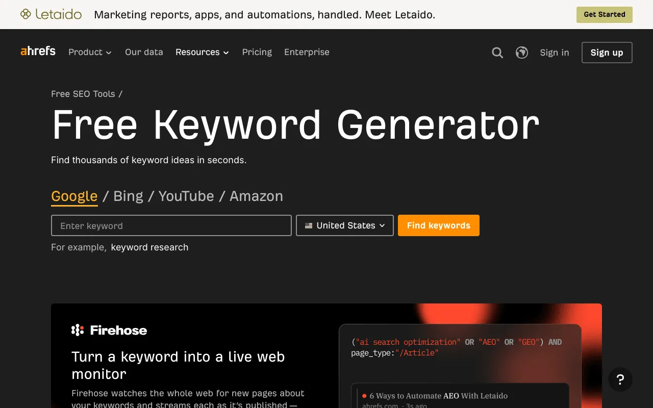 Public page of the free Ahrefs Keyword Generator with a box to type a topic