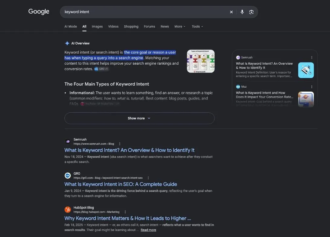 Google results for the search "keyword intent"