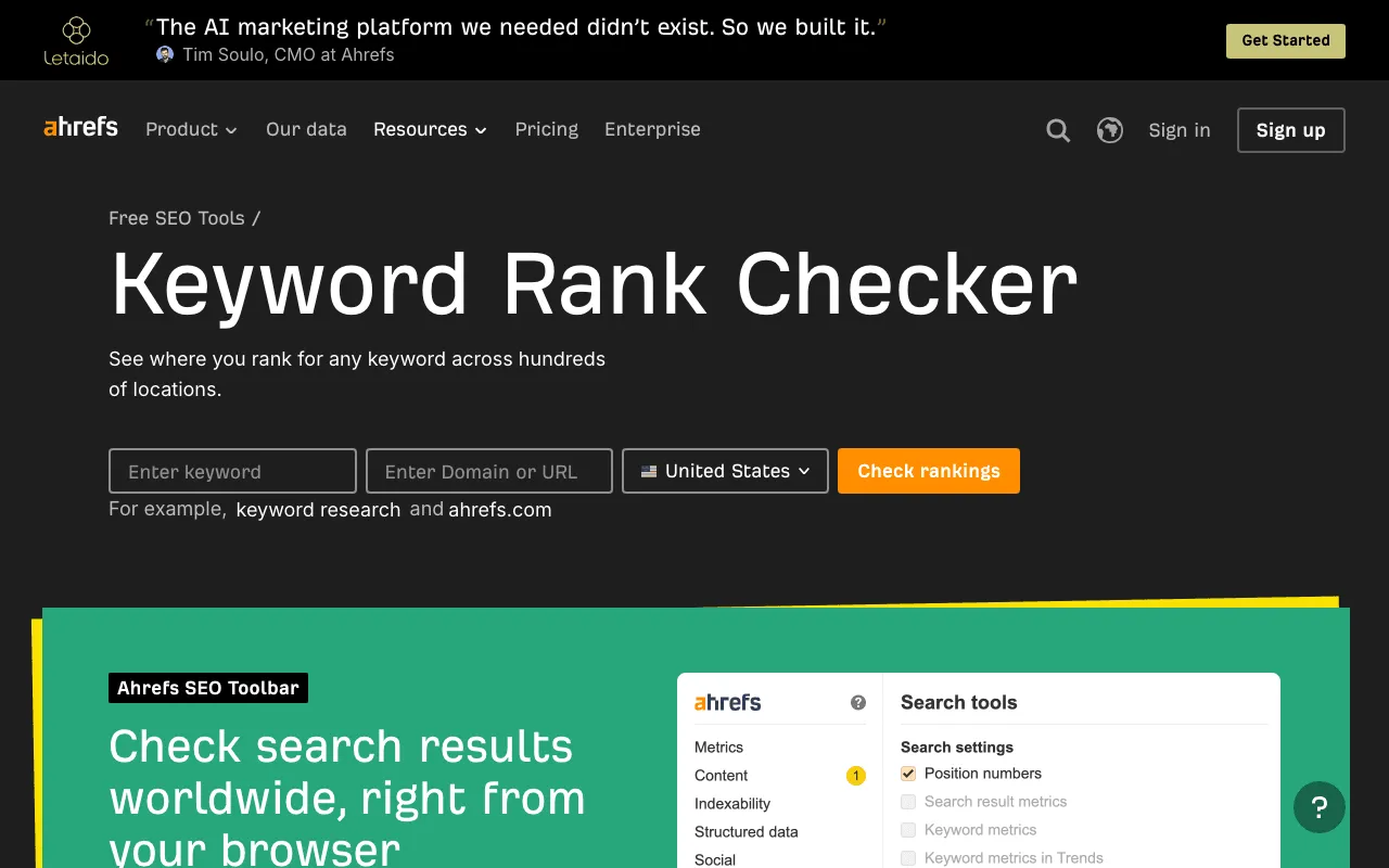 Ahrefs free Keyword Rank Checker page with a box to enter a keyword