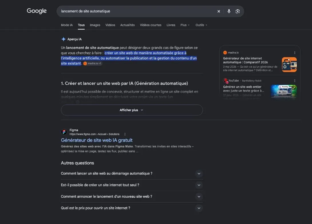 Résultats de Google pour la recherche « lancement de site automatique »