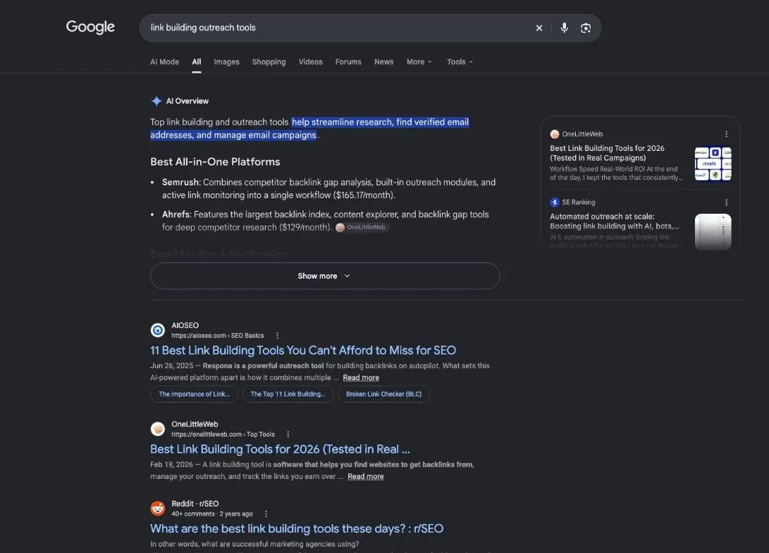 Google results for the search "link building outreach tools"