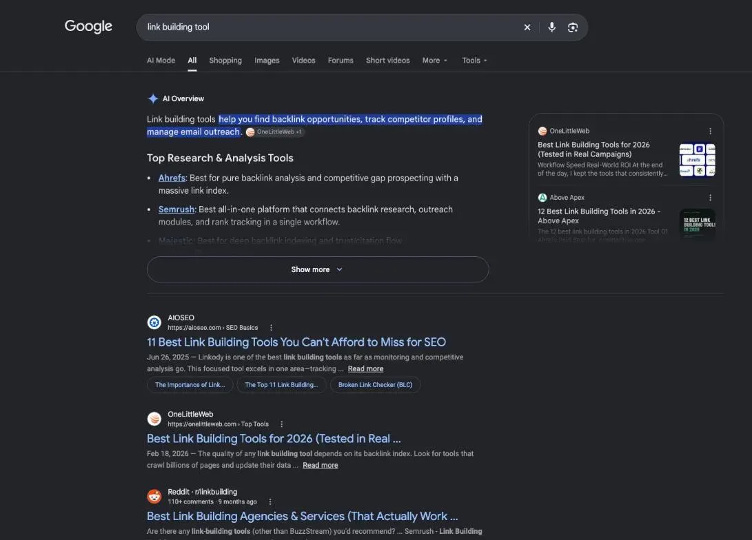 Google results for the search "link building tool"