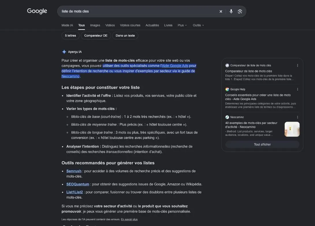 Résultats de Google pour la recherche « liste de mots cles »