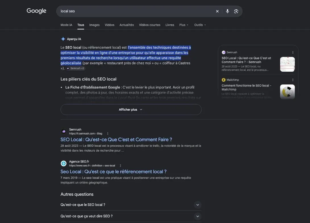 Résultats de Google pour la recherche « local seo »