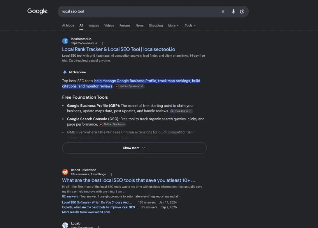 Google results for the search "local seo tool"