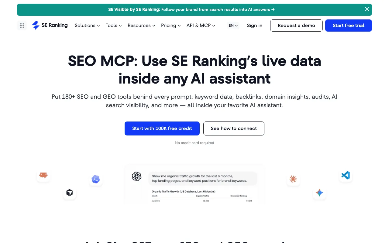 SE Ranking MCP page for using its SEO data inside an outside AI assistant