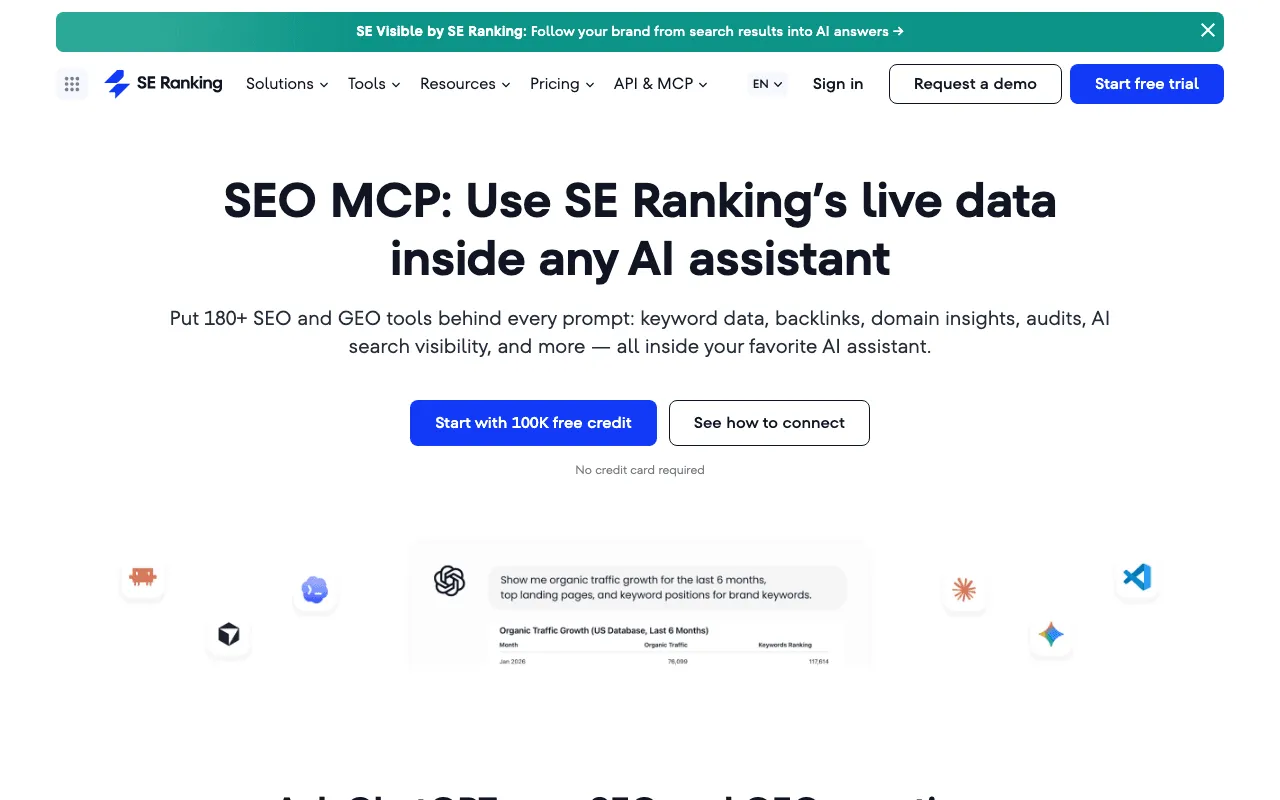 Page du serveur MCP de SE Ranking pour converser avec ses données depuis un assistant