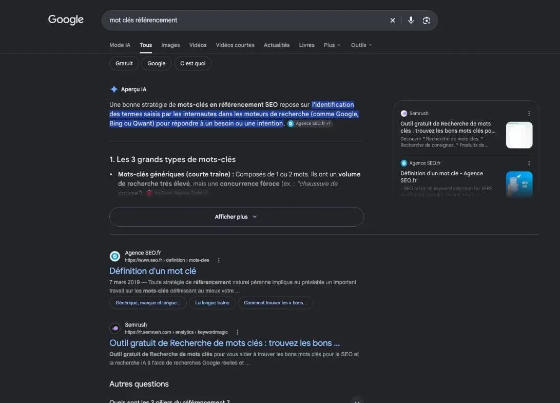 Résultats de Google pour la recherche « mot clés référencement »