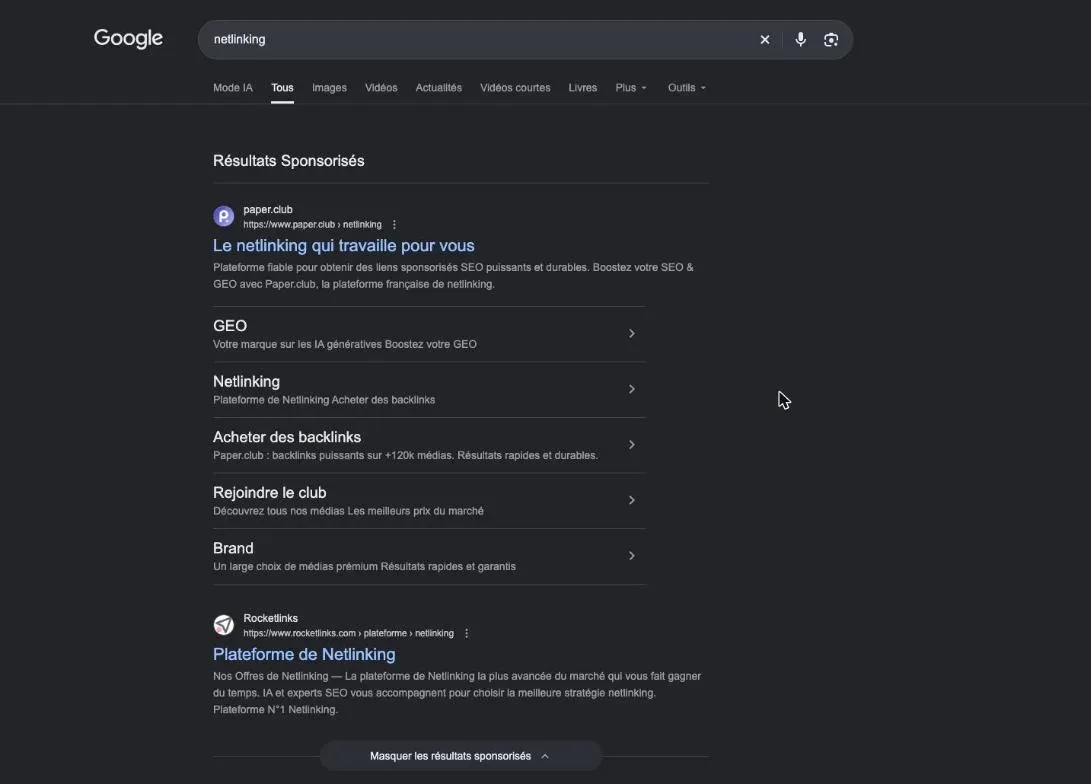 Résultats de Google pour la recherche « netlinking »