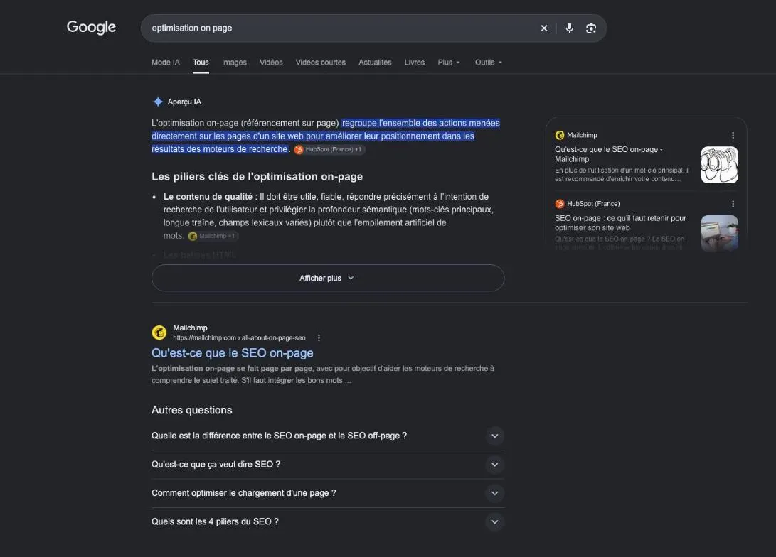 Résultats de Google pour la recherche « optimisation on page »