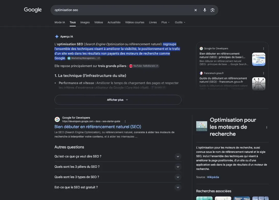 Résultats de Google pour la recherche « optimisation seo »