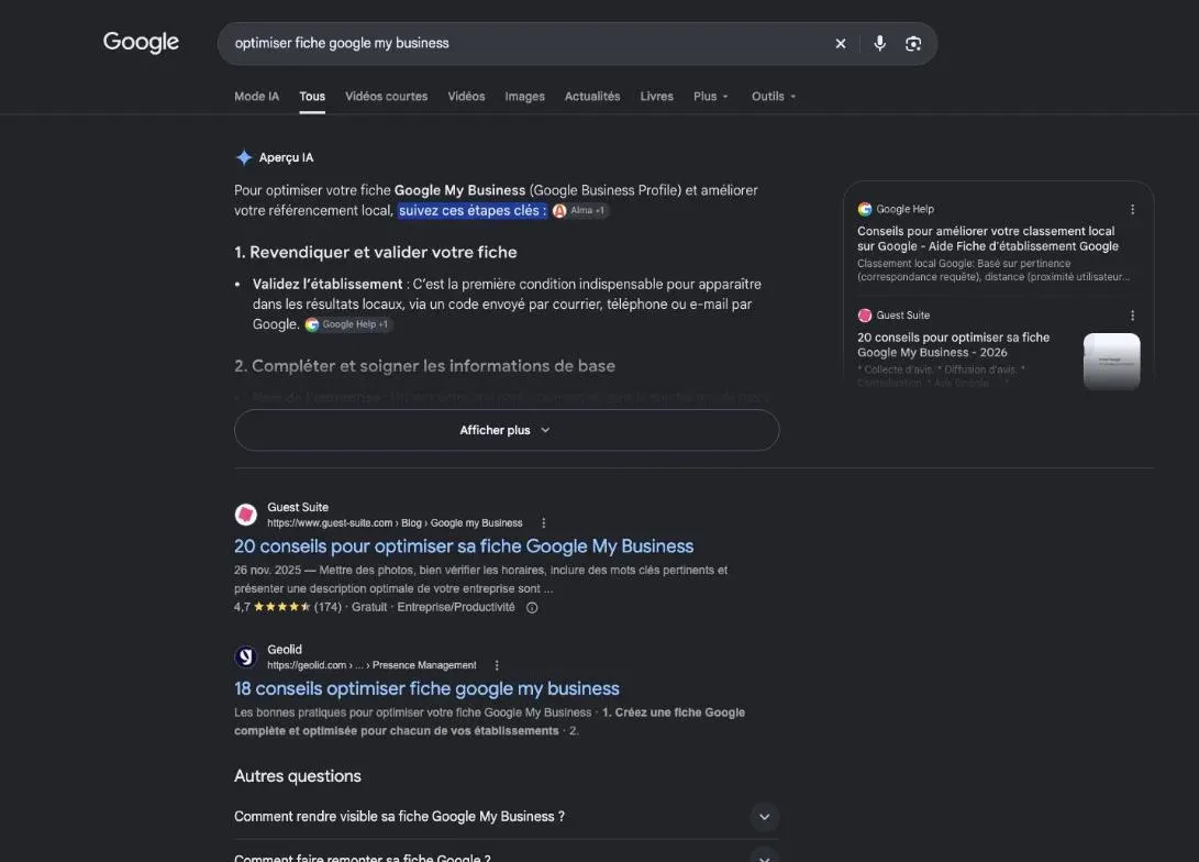Résultats de Google pour la recherche « optimiser fiche google my business »