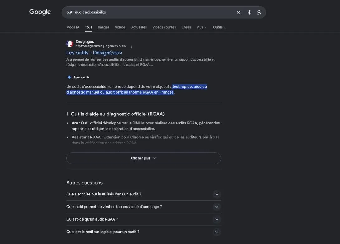 Résultats de Google pour la recherche « outil audit accessibilité »