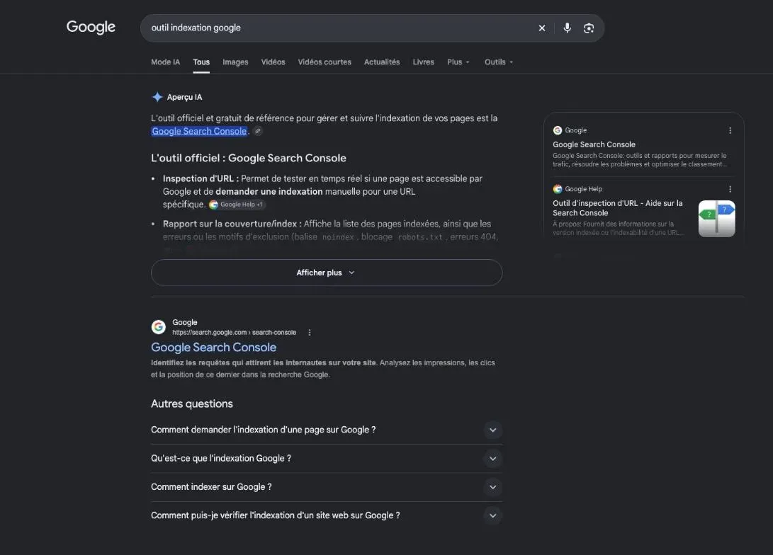 Résultats de Google pour la recherche « outil indexation google »