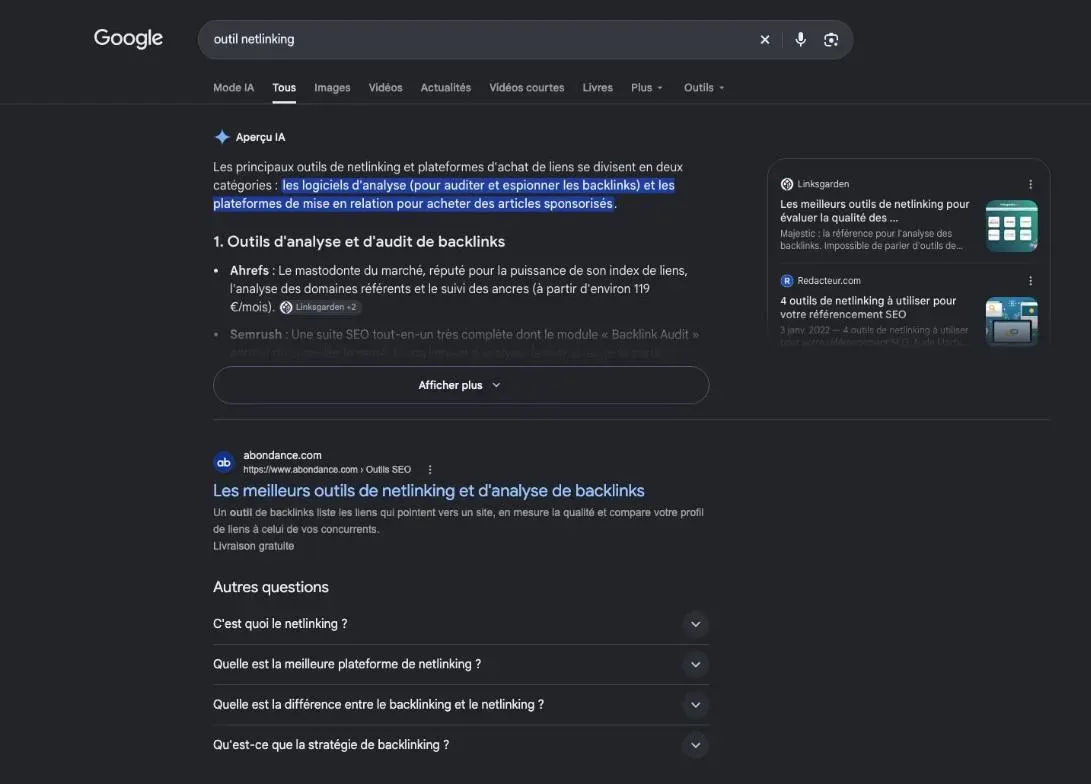 Résultats de Google pour la recherche « outil netlinking »