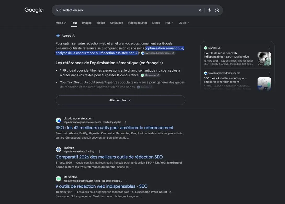 Résultats de Google pour la recherche « outil rédaction seo »